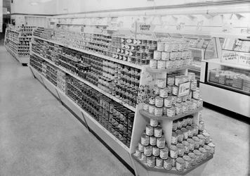 Tinned foods aisle, Woolworths store, 1956